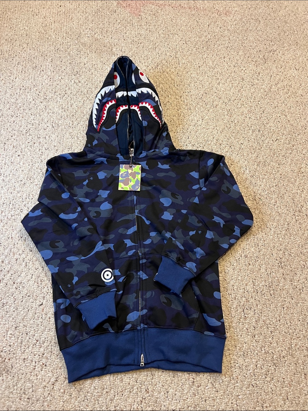 Blue Bape Navy Blue Camo Shark-Print Zip Hoodie